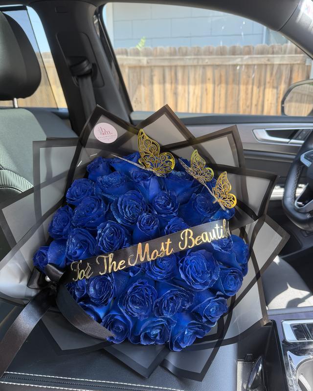 Azul Real by Blooms x Mel — Deep blue glitter roses with gold butterfly accents