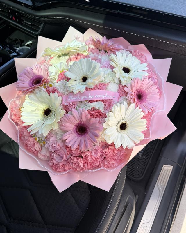 Garden Daisy Mix by Blooms x Mel — Pink and white gerbera daisies over carnations and roses with a pearl trim