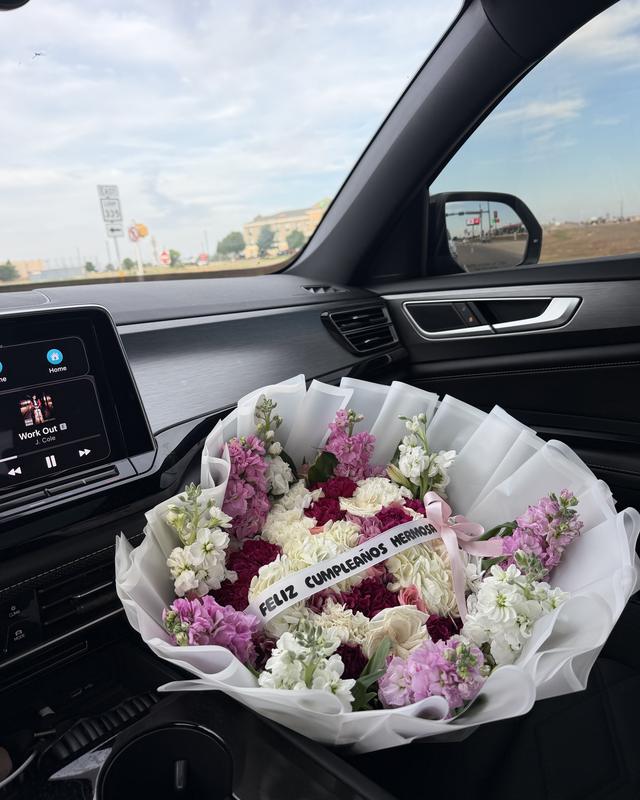 Hermosa by Blooms x Mel — White and magenta carnations with stock in a ruffled white wrap, finished with a custom message ribbon