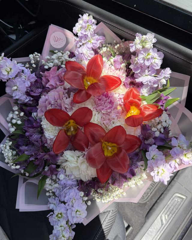 Lavanda by Blooms x Mel — A lavender and purple mix with red open tulips, stock, and alstroemeria