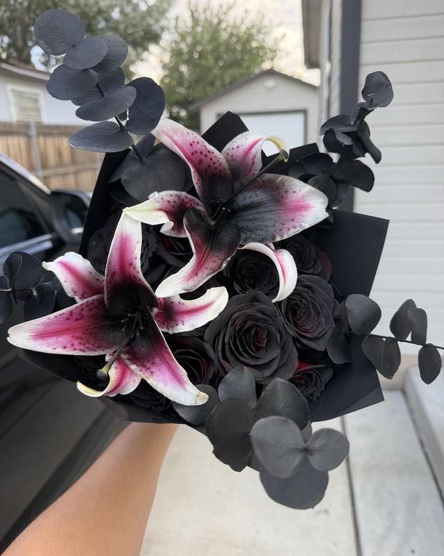 Luna Negra by Blooms x Mel — Black roses and painted stargazer lilies with black eucalyptus in a black wrap