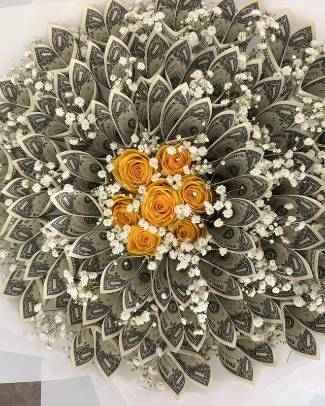 Money Bouquet by Blooms x Mel — Real bills folded petal by petal around fresh roses and baby's breath