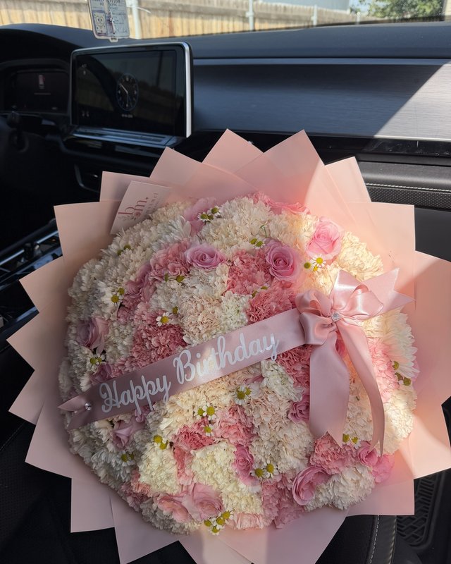 Pink Cloud by Blooms x Mel — White and pink carnations with roses, chamomile, hydrangeas, and mums