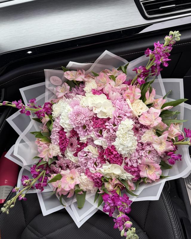 Rosa Jardín by Blooms x Mel — Pink and magenta mums, hydrangeas, carnations, and alstroemeria with stock spikes