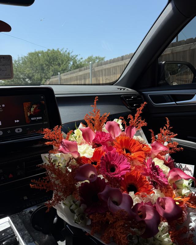 Sunset Calla by Blooms x Mel — Pink calla lilies with hot pink and orange gerberas and fiery accents