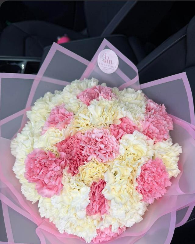 Sweet Carnations by Blooms x Mel — Pink and white carnations in a soft pink petal wrap