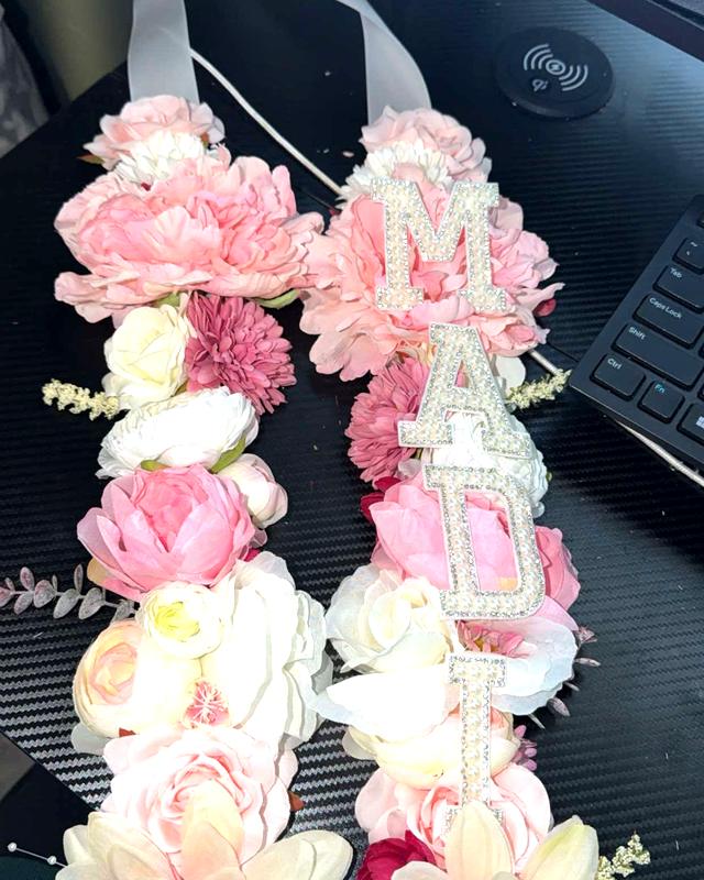 The Flower Lei by Blooms x Mel — Silk flowers in their colors with their name or GRAD in pearl letters