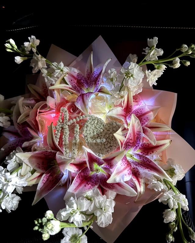 The Stargazer by Blooms x Mel — Fragrant stargazer lilies wrapped with white stock and roses, my signature design